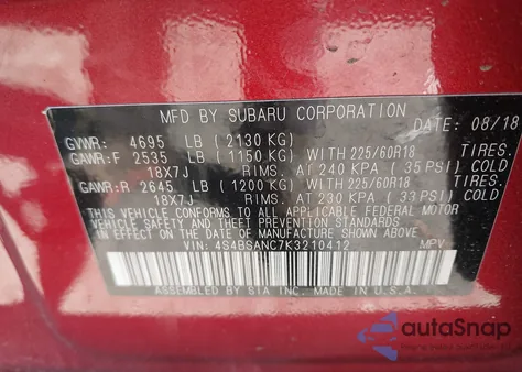 2019 Subaru Outback 2.5I Limited z USA, uszkodzony, nr VIN 4S4BSANC7K3210412